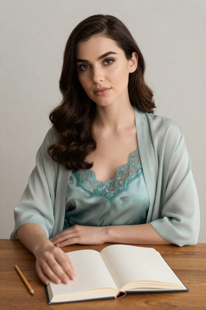 Fictional 29-year-old woman, dark chestnut hair in long polished waves over one shoulder, fair skin with